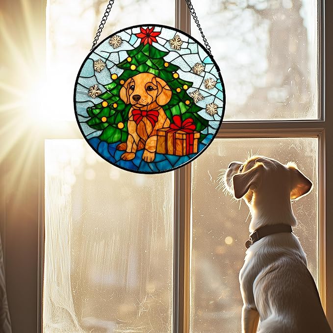 Stained Glass Window Hanging Green Christmas Tree Snowflake Dog Large 11.8" - Suncatcher Door Garden Sun Catcher Xmas Holiday Decor Birthday for Mom Men Woman Friend Nana
