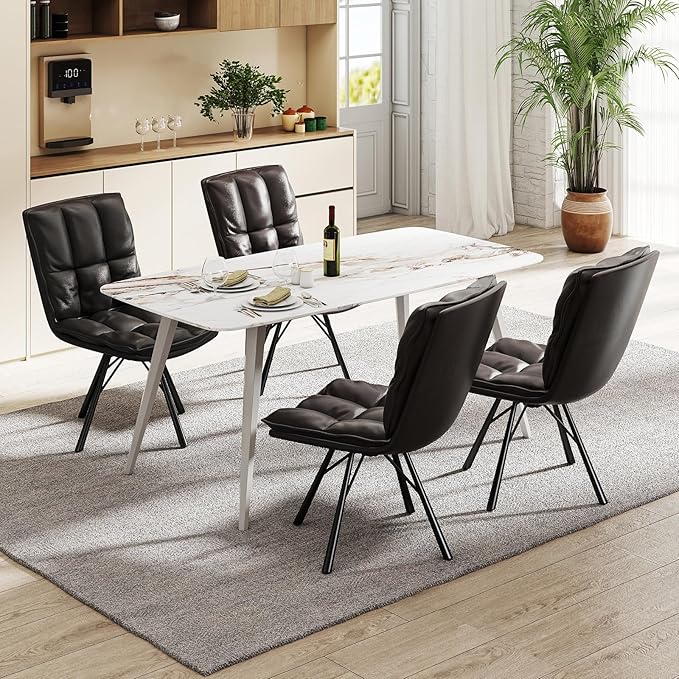 Bestier Dining Chairs Set of 2, Upholstered Modern Kitchen Chairs, Home Office Armless Chairs, PU Leather Table Chairs with Metal Legs for Dinning Room, Kitchen & Bedroom, Black