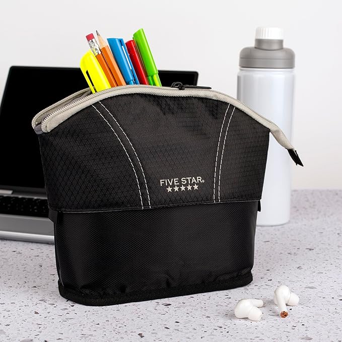 Five Star Pencil Pouch, Pen Case, Quick View Expandable Zipper Pouch, Storage Organizer for School Supplies Earbuds Chargers Cables Makeup, Black/Grey (507610A-ECM)