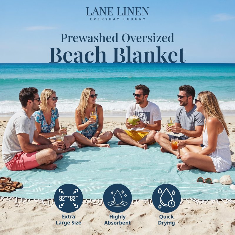 LANE LINEN Large Beach Blanket – Oversize Beach Towel, Beach Games for Family, Compact Quick-Dry Towel (82"x82"), Perfect for Lounging, Resort Stays, & Coastal Escapes - Aqua
