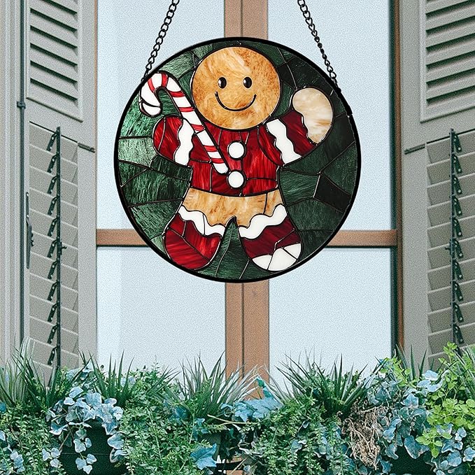 Stained Glass Window Hanging 4 Pcs Set Red Christmas Stockings and Gingerbread 9.8" - Suncatcher Door Garden Sun Catcher Decor Birthday Mother's Day Xmas Gifts for Mom Woman Nana Men