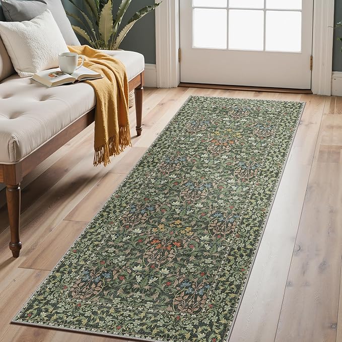 GENIMO Floral Washable Runner Rug 2’6”x7’, Non-Slip Long Hallway Carpet for Entryway, Kitchen, Indoor Floor Use, Vintage Boho Soft Thin Rug Décor, Emerald Green