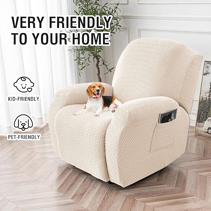 Genina Recliner Chair Cover, Stretch Reclining Chair Covers, Recliner Sofa Slipcovers Stripe Jacquard Lazy Couch Covers Furniture Protector Covers for Pet Kid (Beige, 1 Seat)