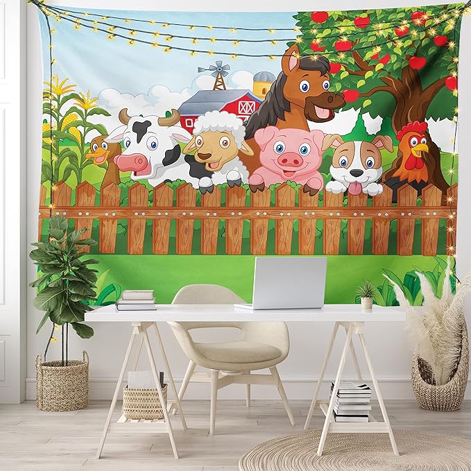 Ambesonne Cartoon Tapestry King Size, Composition Farm Animals on Fence Comic Mascots Dog Cow Horse Design, Wall Hanging Bedspread Bed Cover Wall Decor, 104" X 88", Green Multicolor