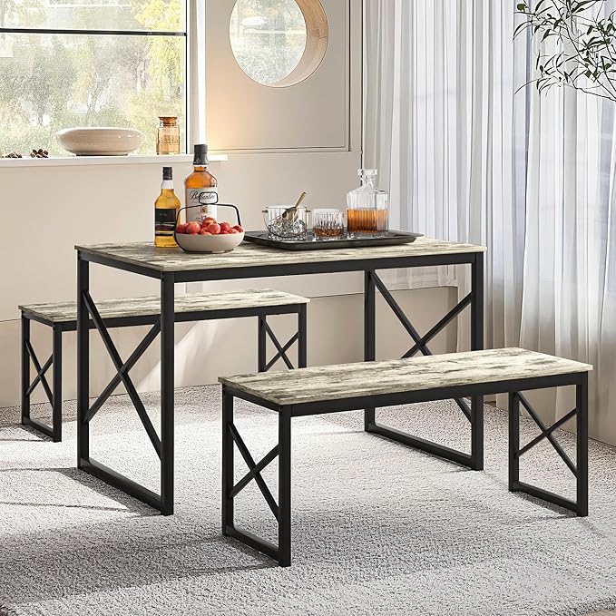 VECELO Kitchen Dining Table Benches Set for 4, 43.3" Wooden Dinette with 2 Benches, Heavy-Duty Dining Room Table for Small Space, Breakfast Nook, Grey
