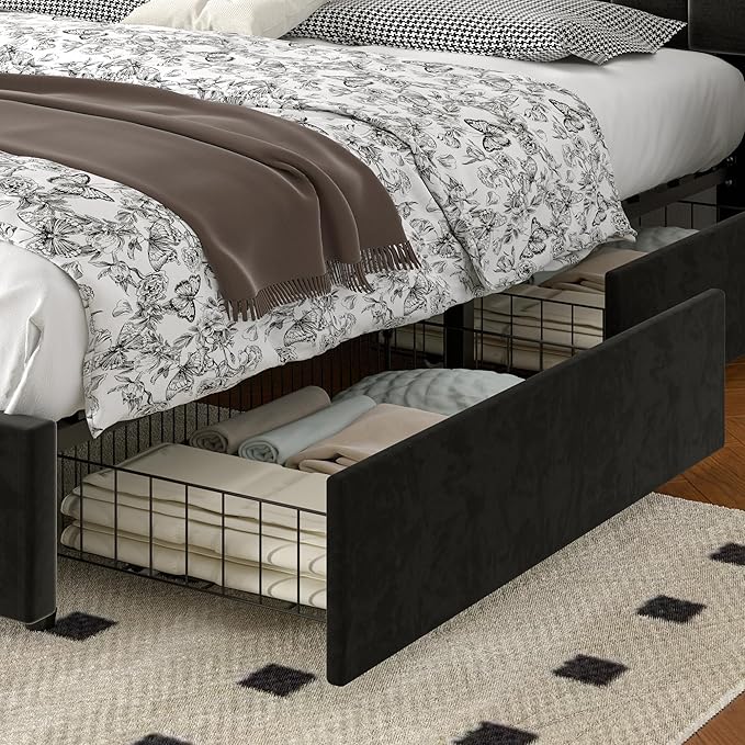 VECELO Queen Size Upholstered Bed Frame with 4 Drawers and Headboard, Velvet Platform Storage Bedframe, Wooden Slats Support, No Box Spring Needed,Black