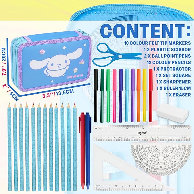 Hello Kitty Sanrio Pencil Case Kids Colored Pencils Markers Kawaii Kuromi Stationery Gifts for Kids (Multi Cinnamoroll)
