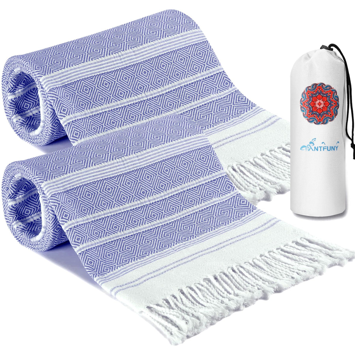 Antfuny 2 Pack Turkish Beach Towels Vacation Essentials Quick Dry Sand Free Soft Extra Large XL Blanket Adult Bath Pool Swim Towel Lightweight Thin Sandless Fast Drying No Sand Packable Foldable Blue