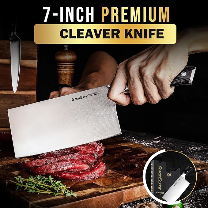 SliceElite Slice Series 7 Inch Cleaver Knife, Pakkawood, Leather Sheath