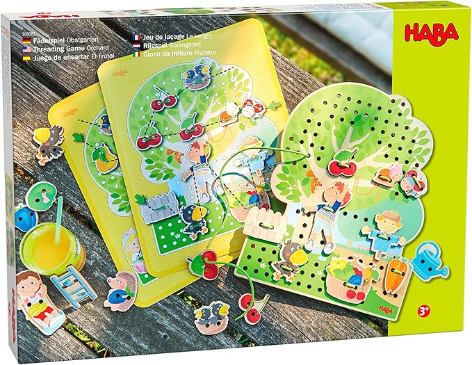 HABA Orchard Threading Game for Kids Ages 3-5, Lacing Tiles for Fine Motor Skills Development, Montessori Learning Toy for Preschoolers with 31 Fruit & Character Tiles