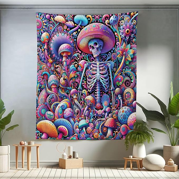 Ambesonne Trippy Tapestry Twin Size, Rave Tone Psychedelic Skeleton Mushroom Huddles Psychedelic Jungle, Wall Hanging Bedspread Bed Cover Wall Decor, 68" X 88", Magenta Indigo Multicolor