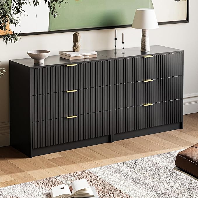 3-Piece Dresser Bedroom Set, 7 Drawer Dresser & 3 Drawer Nightstands with Gold Handles, Fluted Wood Chest of Drawers for Bedroom, Living Room, Entryway, Black
