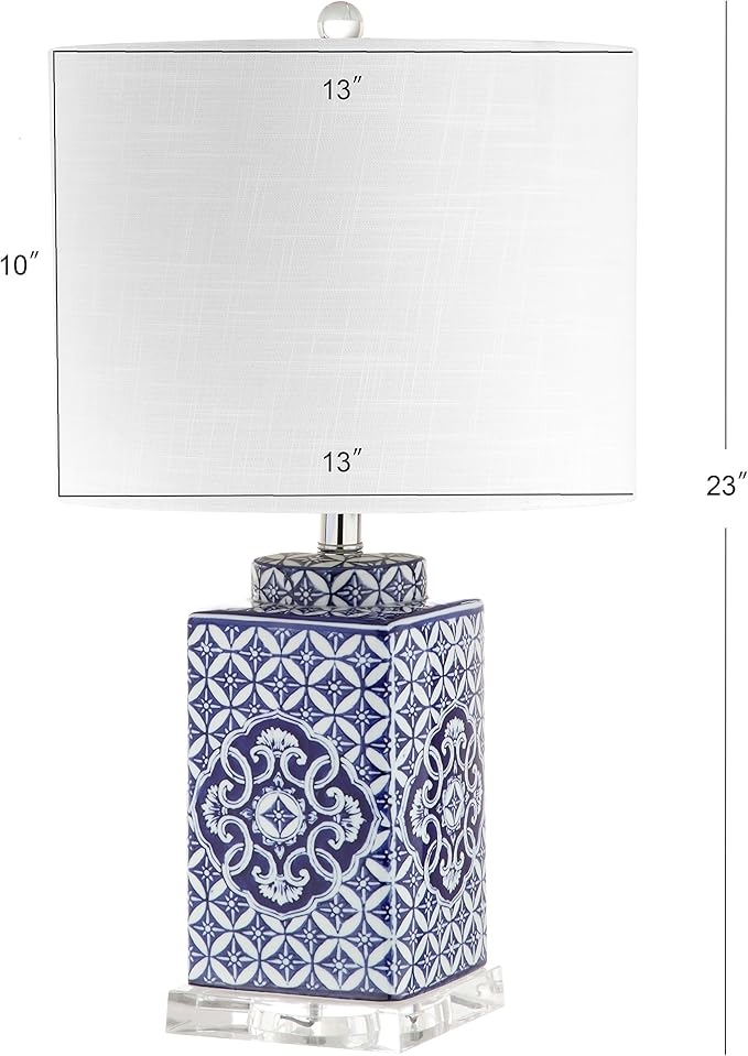 JONATHAN Y 23" Blue and White Chinoiserie Ceramic Table Lamp, Traditional Hand-Painted Bedside Lamp for Living Room Bedroom, White Linen Drum Shade, LED Bulb Included JYL3006A