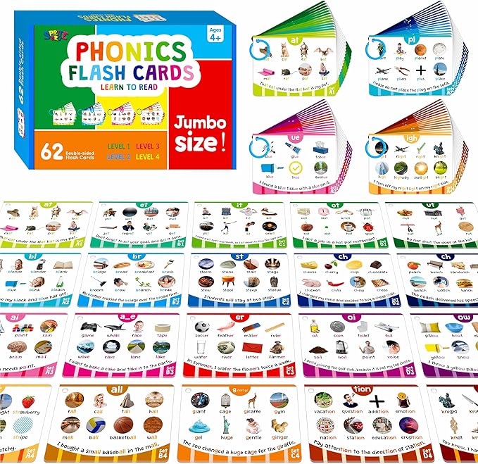 Phonics Flashcards, 120 Phonics 62 Double-Sided Cards - 20 Phonic Group Sets CVC, Digraph, Trigraph Blends Long Vowel Sounds, Early Educational Tool for Kids Ages 4-8 Years Old (4 Plastic Rings)