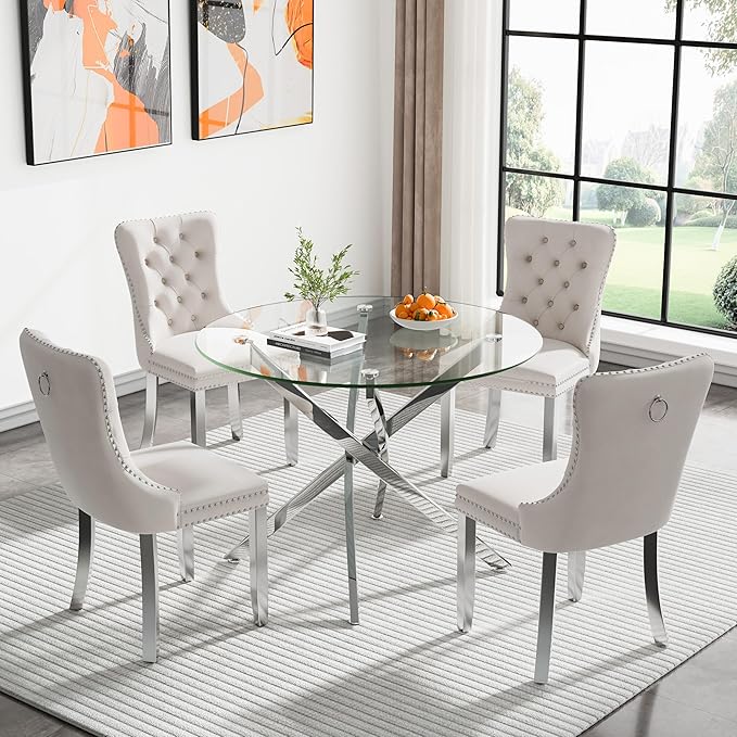 36" Round Glass Dining Room Table for 4 with Tempered Glass Top and Silver Chrome Metal Legs, Modern Clear Kitchen and Dinner Table for Home Office Dining Room