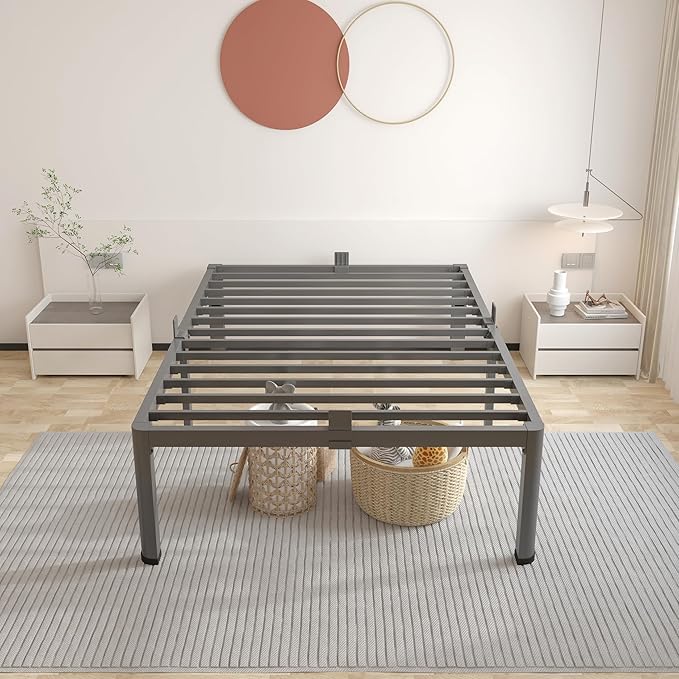 ROIL 18 Inch Twin Bed Frame with Rounded Corner and Headboard Hole Mattress Retainers 3500LBS Metal Heavy Duty Steel Slats No Box Spring Needed Platform Noise-Free Easy Assembly