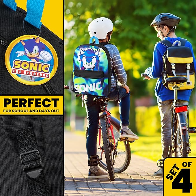 Sonic The Hedgehog Backpack Set 4 Pcs with Insulated Lunch Bag Water Bottle Pencil Case Shadow School Supplies Gift for Kids (Sonic 4 Pcs Set)
