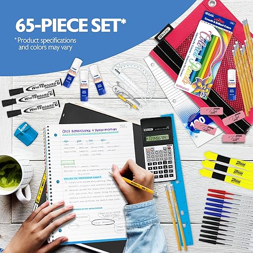 BAZIC PRODUCTS Middle & High School Kit Supply Box, 65-Count Student Set for Grades 7–12, Complete School Supply Kit with Middle School Supplies, Organized Supply Box for Highschool, 1-Pack
