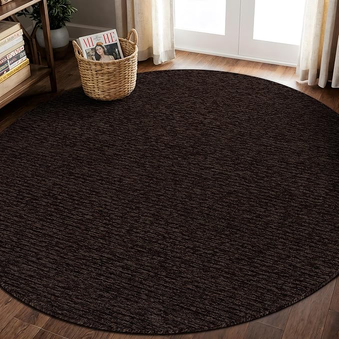 Non Slip Brown Solid Rubber Back Thing Rug for Living Room 4 Round Area Rugs for Kitchen, Rugs for Bedroom, Stain Resistant Easy Cleaning Non Shedding Carpet Brown 4 Round