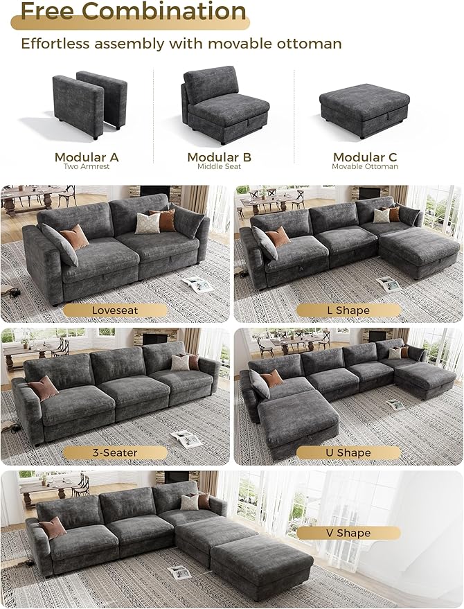 KKL Modular Sectional Sofa Couches for Living Room, Loveseat Sofa Couch with Adjustable Backrest, 2 Seater Sofa Couch with Comfy Cushion, Chenille, Grey