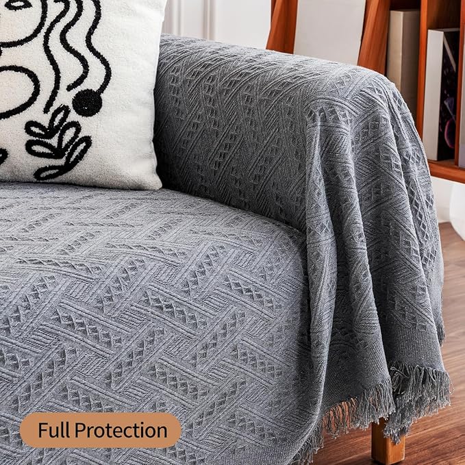 Deep Dream Sectional Couch Cover - Geometrical Jacquard Fabric Sofa Cover for 3 Cushion Couch, Dogs - Medium, 71" x 91", Dark Grey