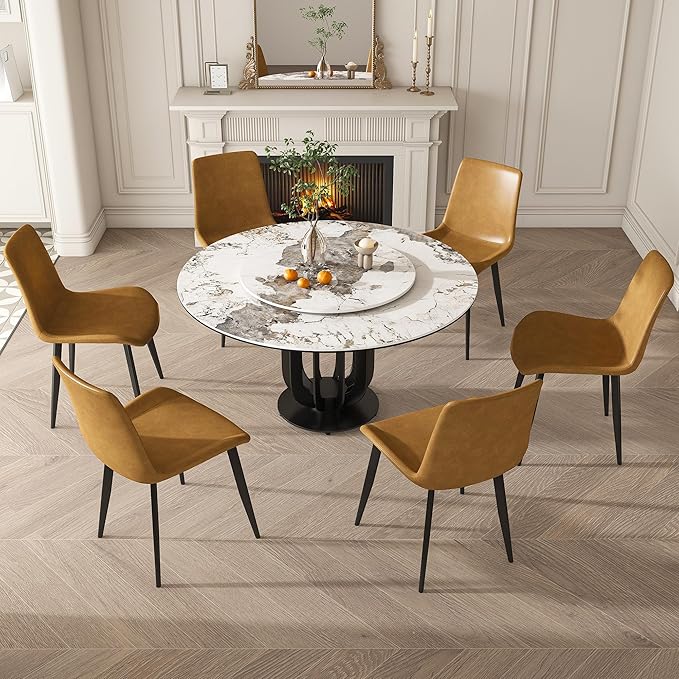 Dining Table Set with 4 Chairs, 53" Round Modern Marble Dining Table with Lazy Susan, Sintered Stone Top for Kitchen, Dining Room, Dinette