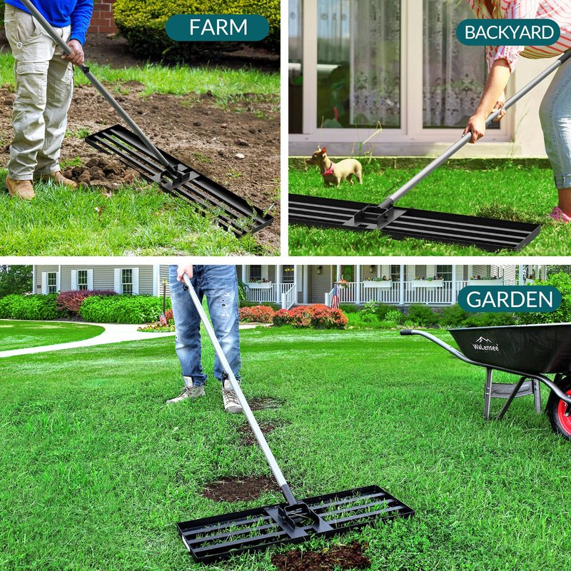 Walensee Large Lawn Leveling Rake, 45"x10" Heavy Duty Lawn Leveler Tool with 7FT Steel Handle, Levelawn Landscape Rake for Topdressing, Soil, Sand, Dirt, Large Yard, Garden, Golf Course