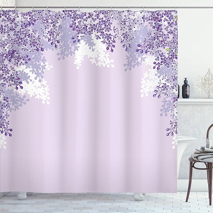 Ambesonne Flower Shower Curtain, Framing Lilac Flowers in Blossom Vernal Season Soothing Color Shades Artwork, Cloth Fabric Bathroom Decor Set with Hooks, 69" W x 70" L, Blue Violet