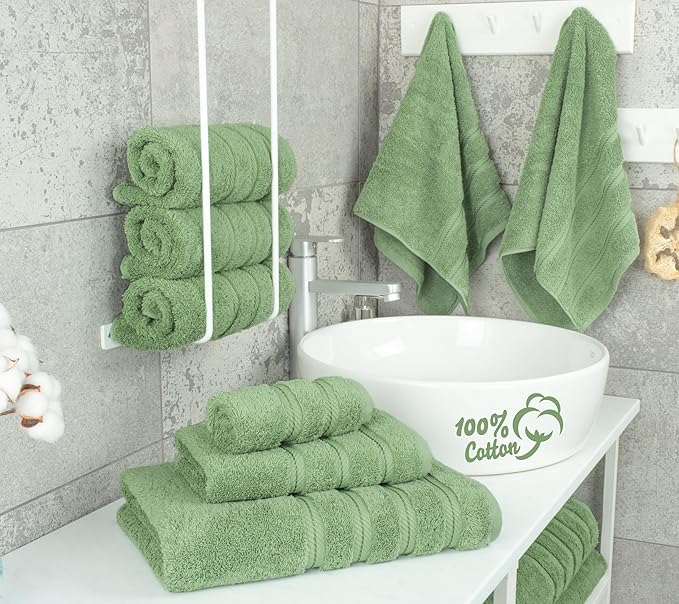 American Soft Linen Luxury 6 Piece Towel Set, 2 Bath Towels 2 Hand Towel 2 Washcloths, 600 GSM 100% Cotton Turkish Towels for Bathroom, Sage Green Towel Sets