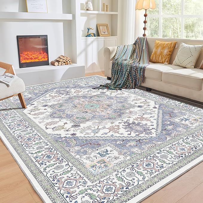 OPPODREAM Thin 10x14 Area Rugs, Washable Rugs 10x14 with Non Slip Backing, Low-Pile Faux Cashmere 10 x 14 Carpet, Purple & Green & Cream