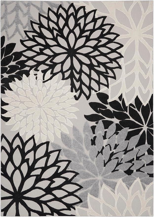 Nourison Aloha Indoor/Outdoor Black White 7' x 10' Area Rug, Tropical, Botanical, Easy Cleaning, Non Shedding, Bed Room, Living Room, Dining Room, Deck, Backyard, Patio (7x10)