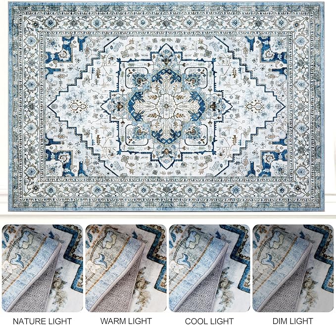 Area Rugs for Living Room 8x10 - Large Machine Washable Vintage Oriental Soft Rugs, Low Pile Thin Floor Carpet with Non Slip Backing for Bedroom, Dorm, Under Dining Room Table, Indoor House, Office