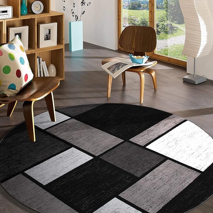 Rugshop Contemporary Modern Boxes for Home Office,Entryway,Living Room,Bedroom,Kitchen Non Shedding Round Area Rug 8' Gray
