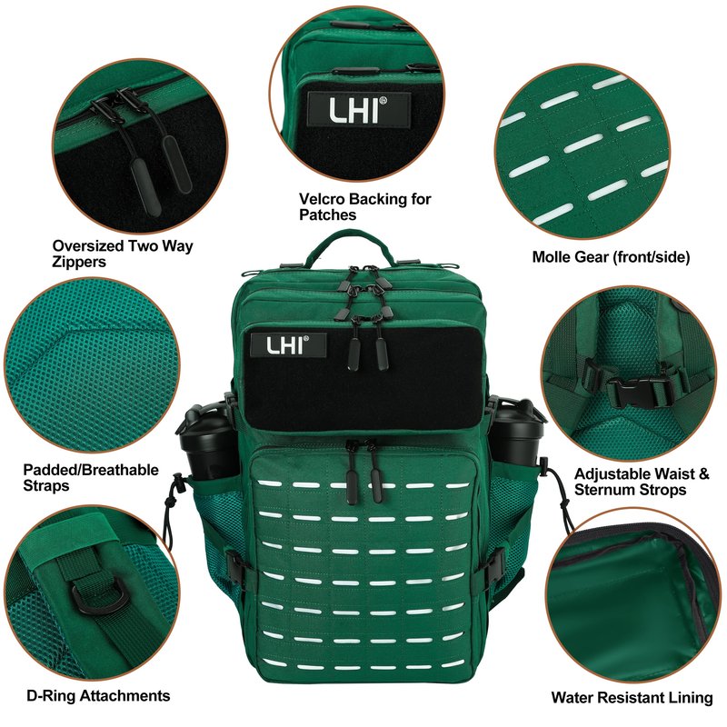 LHI Tactical Military Backpack for Men and Women 45L Large Molle Army Assault Pack 3 Day Travel Backpacks - Dark Green