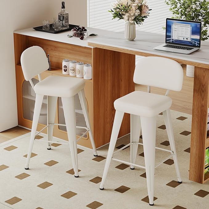 Aklaus PU Leather Metal Bar Stools 30 inch Faux Leather Bar Height Barstools Set of 2 Modern Farmhouse Bar Chairs with High Backs and Faux Leather Seat for Kitchen Island Dining Room Off White