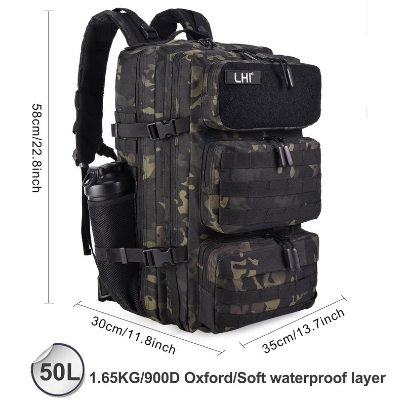 LHI Military Tactical Backpack for Men and Women 50L Army 3 Days Assault Pack Bag Large Rucksack with Shoe Compartment - Black CP