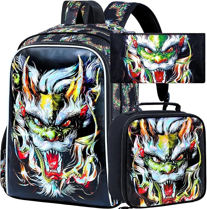 KLFVB 3PCS Boys Bookbag, 17" Kids Backpack and Lunch Box, Water Resistant Teenagers School Bag for Middle Elementary - Green Dragon