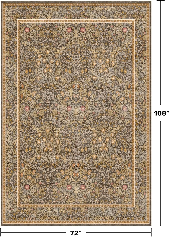 Washable Dining Room Rugs for Under Table - 6x9 Brown Oriental Area Rug for Living Room, Low Pile Non-Slip Floor Carpet for Bedroom Under Bed - Vintage Design & Stain Resistance