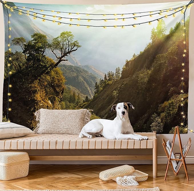 Ambesonne Landscape Tapestry, Forest Nepal Himalaya Mountains Sunlight Majestic Scenery Nature Photo, Fabric Wall Hanging Decor for Bedroom Living Room Dorm, 30" X 45", Green Pale Yellow