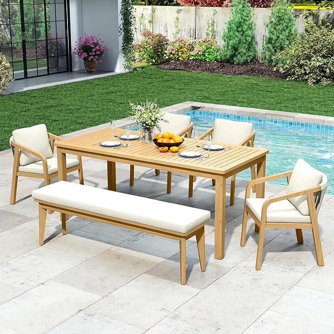 6-Piece Outdoor Dining Set for 4 with 23" Extra Wide Chair and Cushion，Patio Table and Chairs Set with All Acacia Wood Frame, All-Weather Outdoor Patio Furniture Set for Garden Lawn, Beige