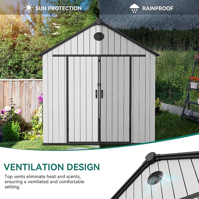 YITAHOME 8x12 FT Outdoor Storage Shed with Floor, Waterproof Plastic Garden Shed with Lockable Doors, 2 Windows & 2 Vents, 656 cu. ft. Resin Shed for Tools, Bikes, Patio or Backyard, Gray
