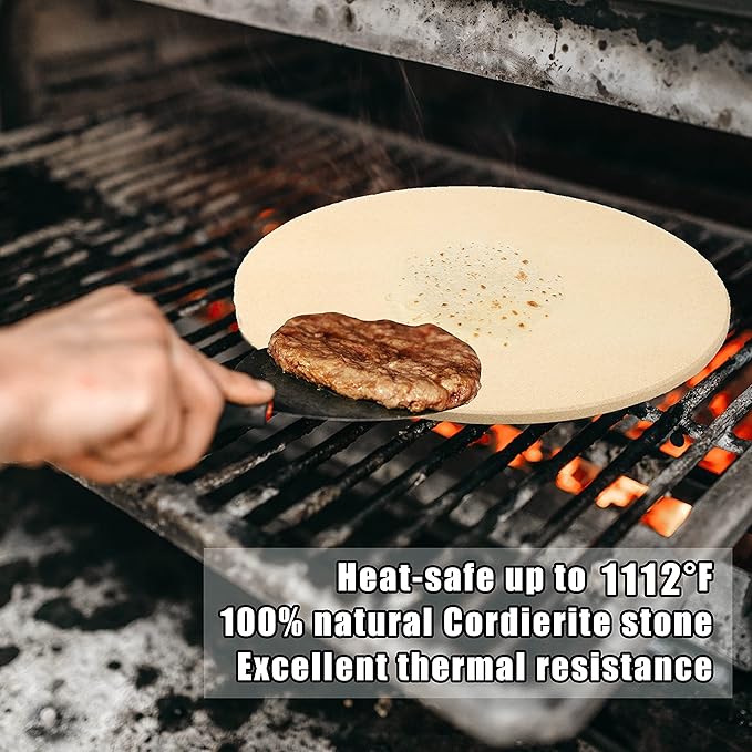 13 Inch Round Pizza Stones for Grill and Oven, Cordierite Baking Stones Set with Serving Rack & Cutter, Durable and Safe Cooking Stone Pan for Bread, Natural Pizza Stone for Family