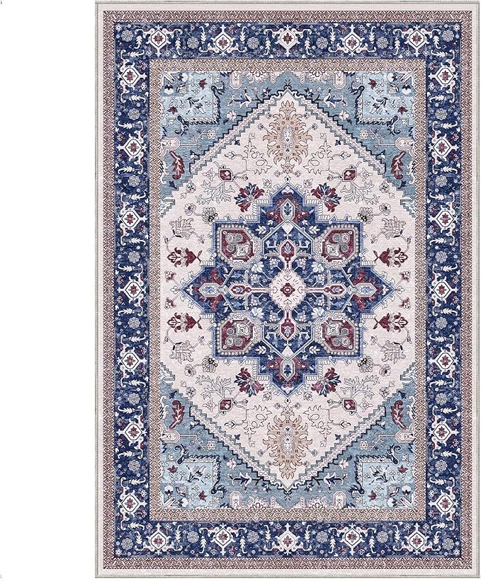 OPPODREAM Thin Area Rugs 4x6, Low-Pile Washable Rugs 4x6 with Non Slip Backing, Faux Cashmere 4 x 6 Throw Carpet, Navy Blue & Red & Cream