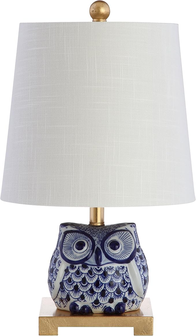 JONATHAN Y 16" Blue/White Ceramic Owl Mini Table Lamp for Bedroom or Office, Modern Farmhouse Nightstand Lamp with White Linen Shade, LED Bulb Included JYL3014A