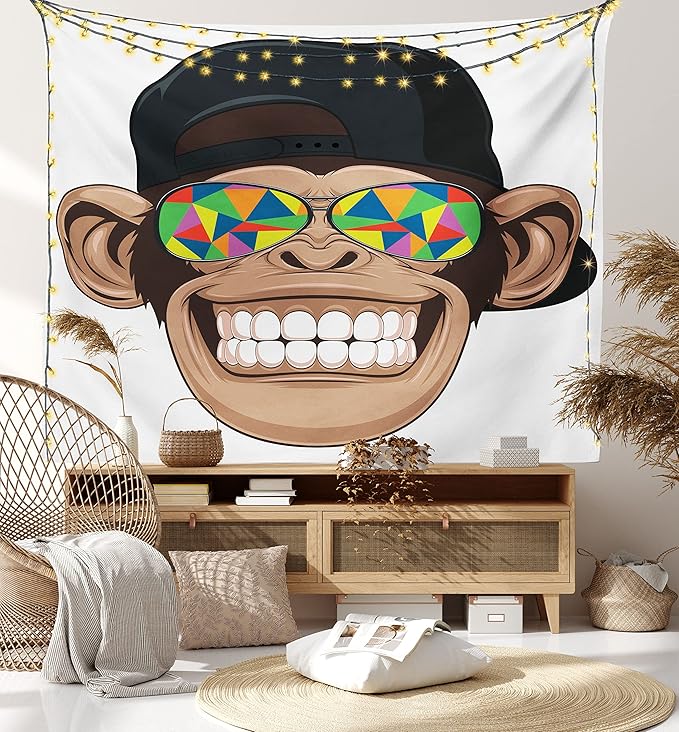 Ambesonne Cartoon Tapestry King Size, Fun Hipster Monkey with Colorful Sunglasses and Hat Rapper Hippie Ape Art, Wall Hanging Bedspread Bed Cover Wall Decor, 104" X 88", White Brown
