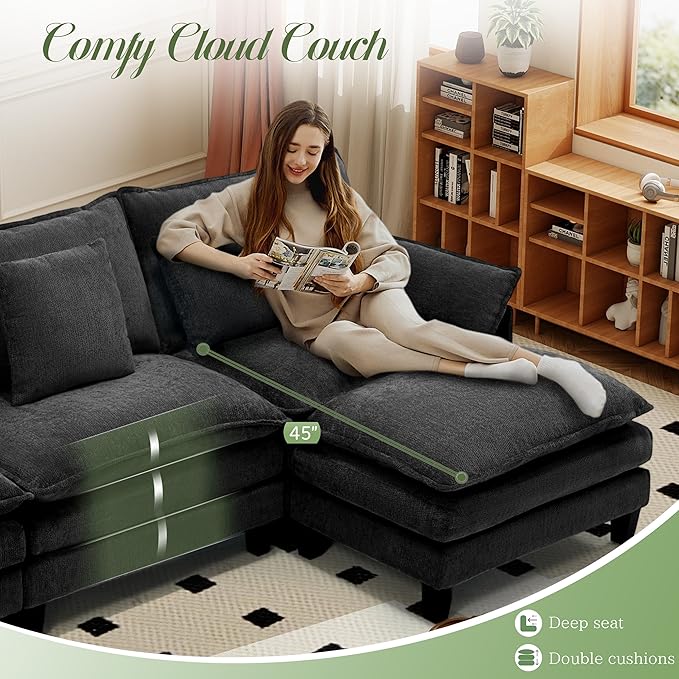 Modular Sectional Sofa, Comfy Cloud Couch with Movable Ottoman, Deep Seat Couches for Living Room, Bedroom and Apartment, 106" U Shaped Modern Sofa with Pillows, Black