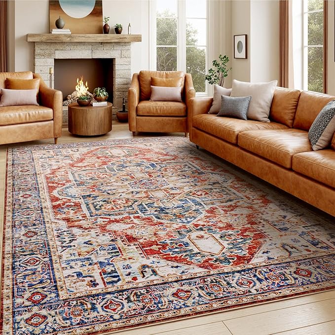 AMADA HOMEFURNISHING 8x10 Washable Area Rug, Low-Profile Large Area Rug with Non-Slip Backing & Durable Edge Binding, Vintage Large Rugs for Living Room, Bedroom, Dinning Room