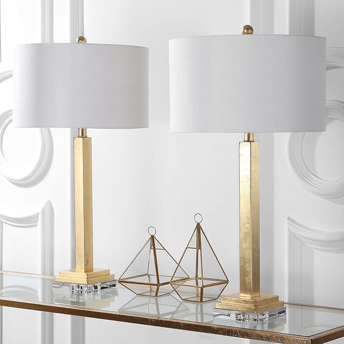SAFAVIEH Lighting Collection Perri Farmhouse Gold/ Crystal Base 30-inch Bedroom Living Room Home Office Desk Nightstand Table Lamp Set of 2 (LED Bulbs Included)