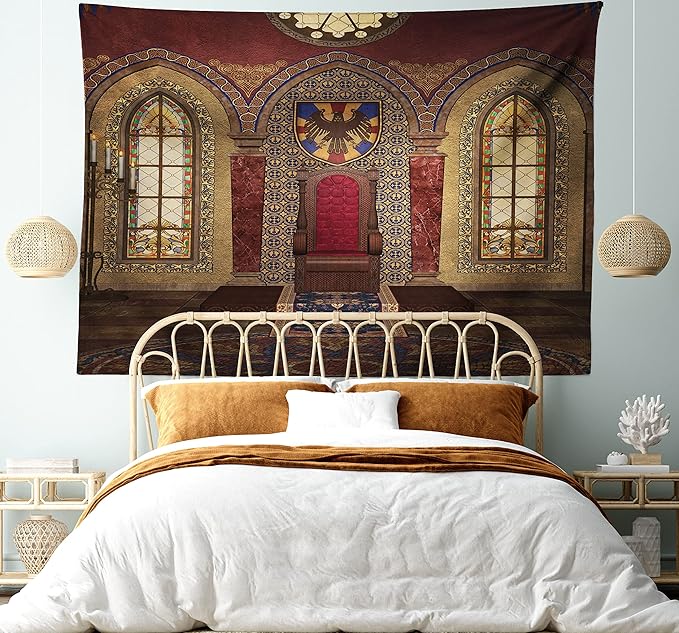 Ambesonne Gothic Tapestry, Red Medieval in Chapel Eagle Portrait on Wall Fantasy Building Print, Fabric Wall Hanging Decor for Bedroom Living Room Dorm, 45" X 30", Brown Ruby