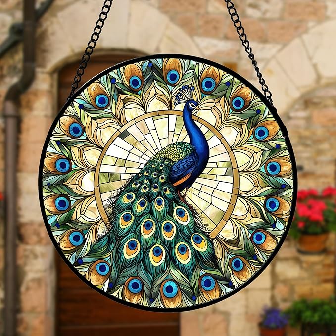 Stained Glass Window Hanging - Retro Peacock Decoration Suncatcher for Door Garden Home Bird Feather Sun Catchers Christmas Mother's Day Birthday Gifts for Women Men Mom Nana Friend 9.8 in